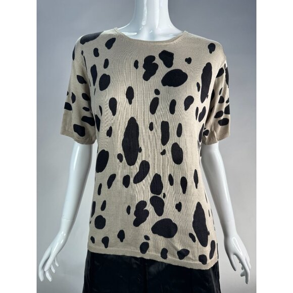 Joseph A. Silk Polka Dot Sweater Beige & Black Size L 100% Silk Women's Short Sl - Picture 11 of 16